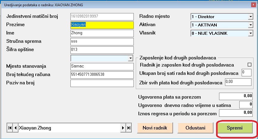 Podaci o radniku